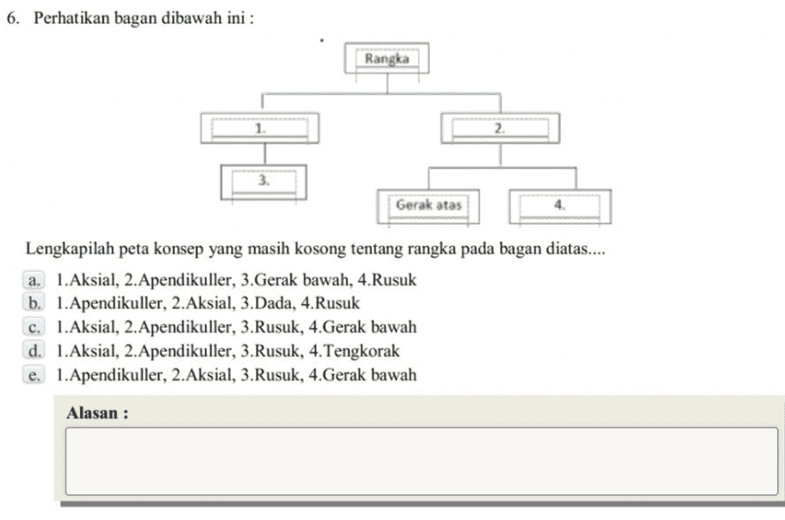 6. Perhatikan bagan dibawah ini : Rangka 2. 3. Gerak atas Lengkapilah peta konsep yang masih kosong tentang rangka pada bagan diatas.... a. 1. Aksial, 2. Apendikuller, 3. Gerak bawah, 4.Rusuk b. 1. Apendikuller, 2.Aksial, 3.Dada, 4.Rusuk c. 1. Aksial, 2. Apendikuller, 3.Rusuk, 4.Gerak bawah d. 1.Aksial, 2. Apendikuller, 3.Rusuk, 4.Tengkorak e. 1. Apendikuller, 2.Aksial, 3.Rusuk, 4. Gerak bawah Alasan : 