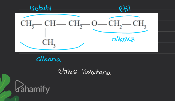 Isobutil etil CH,— CH— CH,—0—CH,—CH, 1 alkoksi CH, alkana etoksi isobutana Pahamify 
( Propana) rantai utama CH,— CH— CH-0—CH, —CH, 3 12 cabang Cabang (metil) letoksi) l-etoksi - 2-metilpropana CH) - Pahamify 