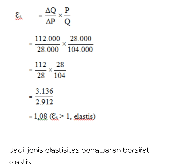 ES AQP AP x II Alo 112.000 28.000 х 28.000 104.000 112 28 X 28 104 3.136 2.912 = 1.08 Es> 1, elastis) Jadi, jenis elastisitas penawaran bersifat elastis. 