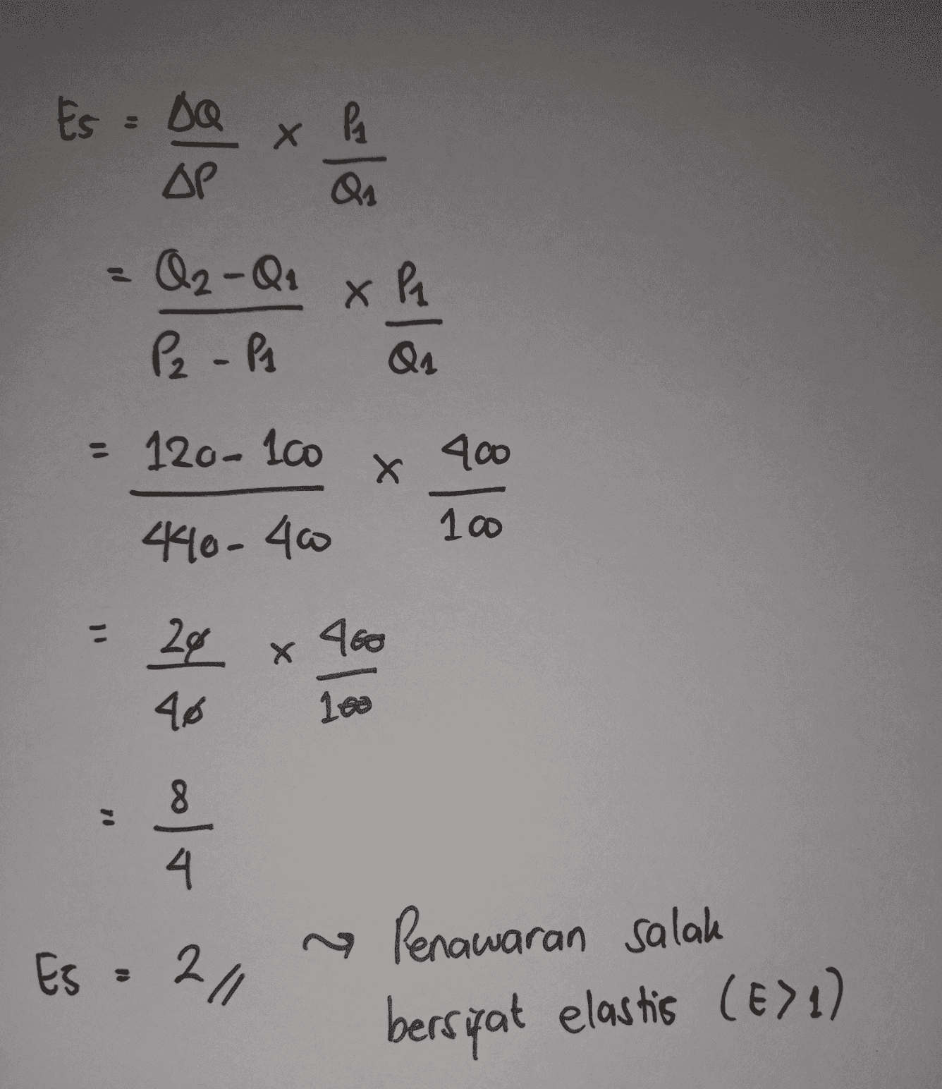 Es : Da gly Х PA os PÅ Q2-Q1 P2 - P1 - QA = 120- Ico X 400 100 440-40 - 24 x 400 14 ole ola o Penawaran salah Es = 20 bersyat elastis (E71) 