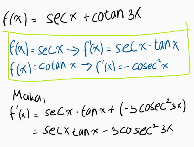 f(a)- secx + cotan 3% f(x) = secx > f(x) = secx.tanx f(x):Cotan x>f'(x) = - cosecx Maka, f') = secx. Canx+ (-5 cosecʻz«) - Selatan x-3c0sec 3x 