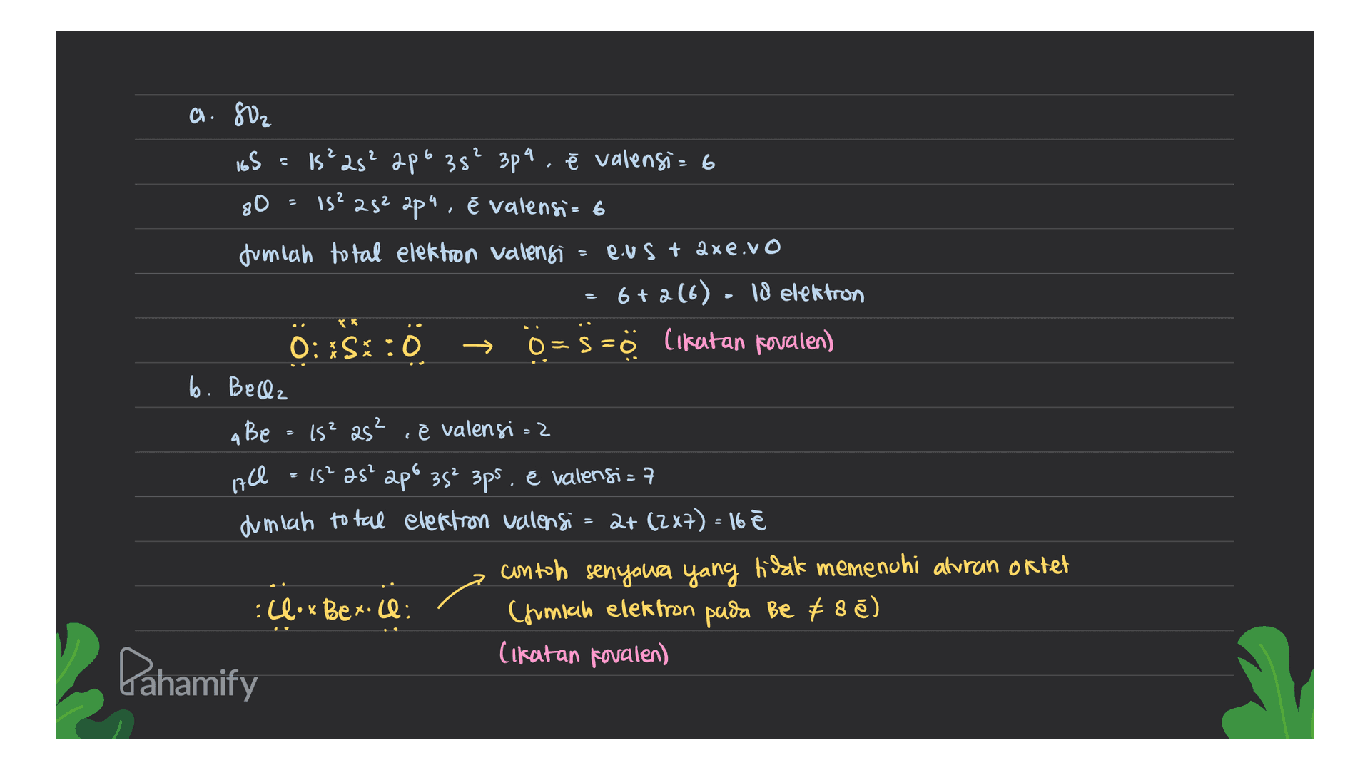2 2 . 2 a. 802 165 = 15²2s² ap• 35² 3p4, ĕ valensi= 6 80 = 15? 252 2p4, é valensia 6 Junich total elektron valensi ev s t axe.vo 6+ a(6) - 18 elektron Ö::$:0 S: O=s=ö (ikatan kovalen) b. Bella a Be is? as? , è valensi = 2 is? Əs? apó 352 3ps. é valensi=7 duniah total elektron valensi = 2+ (247) = 16 ē contoh senyawa yang tidak memenuhi aturan oftet :Clox Bex. ll: Chimich elektron puda Be $ 8 ē) Cikatan Kovalen) Ace Pahamify 