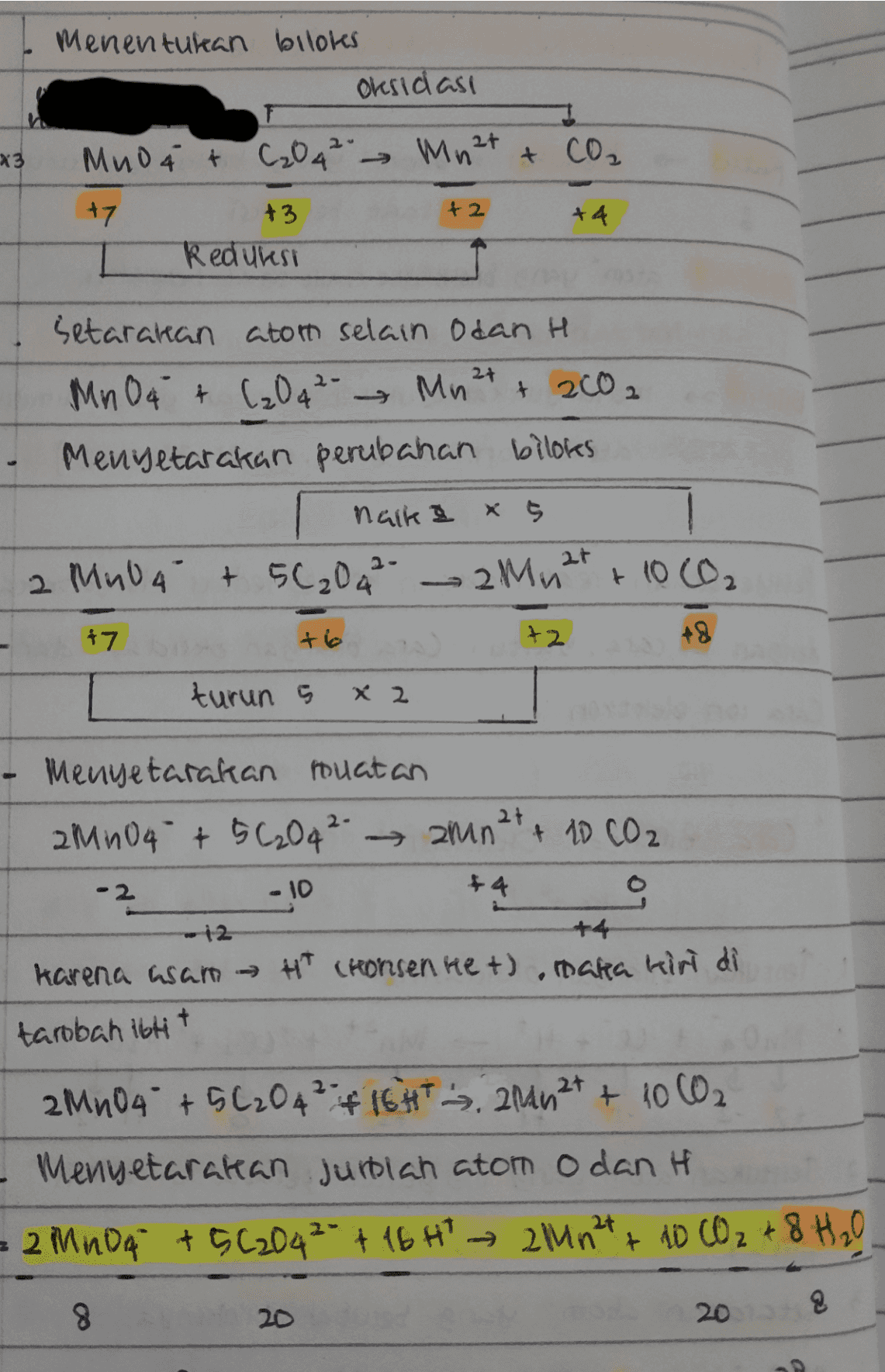 Menentukan bilokes oksidasi F MnO 4 + C₂0 4²" → M²+ + CO₂ 3 +7 +2 +4 +3 Reduksi 27 setarakan atom selain Odan H MnO4 + (₂0q 2- Mn² + 2002 Menyetarakan perubahan biloles naik x 5 2 MnO4 + 56₂042 2M2t + 100₂ 47 72 +8 turun s X 2 - Menyetarakian muatan 2MnO4 + 5 C2O42- 562042 → 2mn²+ + 20 CO2 -2 - 10 이 +4 Karena asan H (Honsen ket), maka kiri di +4 tarobah ibtit 2 MnO4 +56204²4164T, 2144 2+ + 10002 - Menuetarakan Jurblan aton odant = 2 MnO4 +562042- +16 H² → 2112 24 + 20 CO₂ + 8 H2O 2 & 8 20 20 