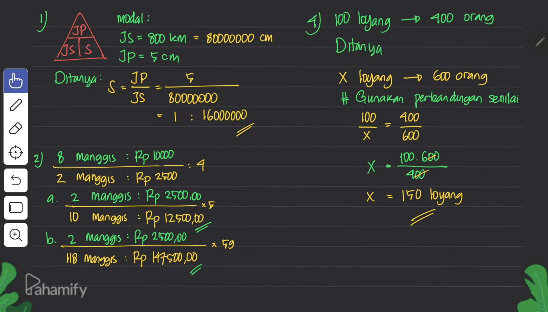 / Isls modal : /JP JS = 800 km - 80000000 CM = Jp=5cm Ditanya: 도 S 80000000 I : 16000000 sis 4 100 loyang t 400 orang Ditanya X loyang	600 orang # Gunakan perbandingan senilai 100 400 600 a : = х X Х IC 100.600 400 s s a. = X = 150 loyang x 5 2) 8 Manggis : Rp 10000 4 2 manggis : Rp 2500 2 Manggis : Rp 2500,00 10 Manggis = Rp 12500,00 b. 2 Manggis : Rp 2500,00 x 59 118 Manggis : Rp 147500,00 Đ Pahamify 