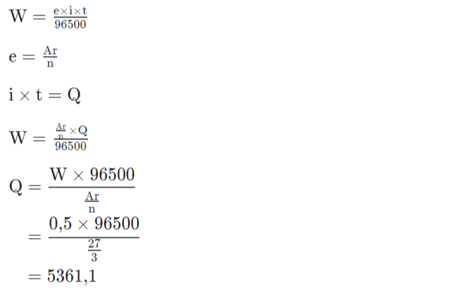 W= exixt 96500 Ar e n ixt=Q Ах хQ W = 96500 n W X 96500 Q Ar 0,5 x 96500 27 3 = 5361,1 