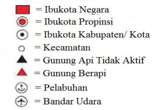 = Ibukota Negara = Ibukota Propinsi = Ibukota Kabupaten/Kota = Kecamatan Gunung Api Tidak Aktif = Gunung Berapi = Pelabuhan Bandar Udara = = 