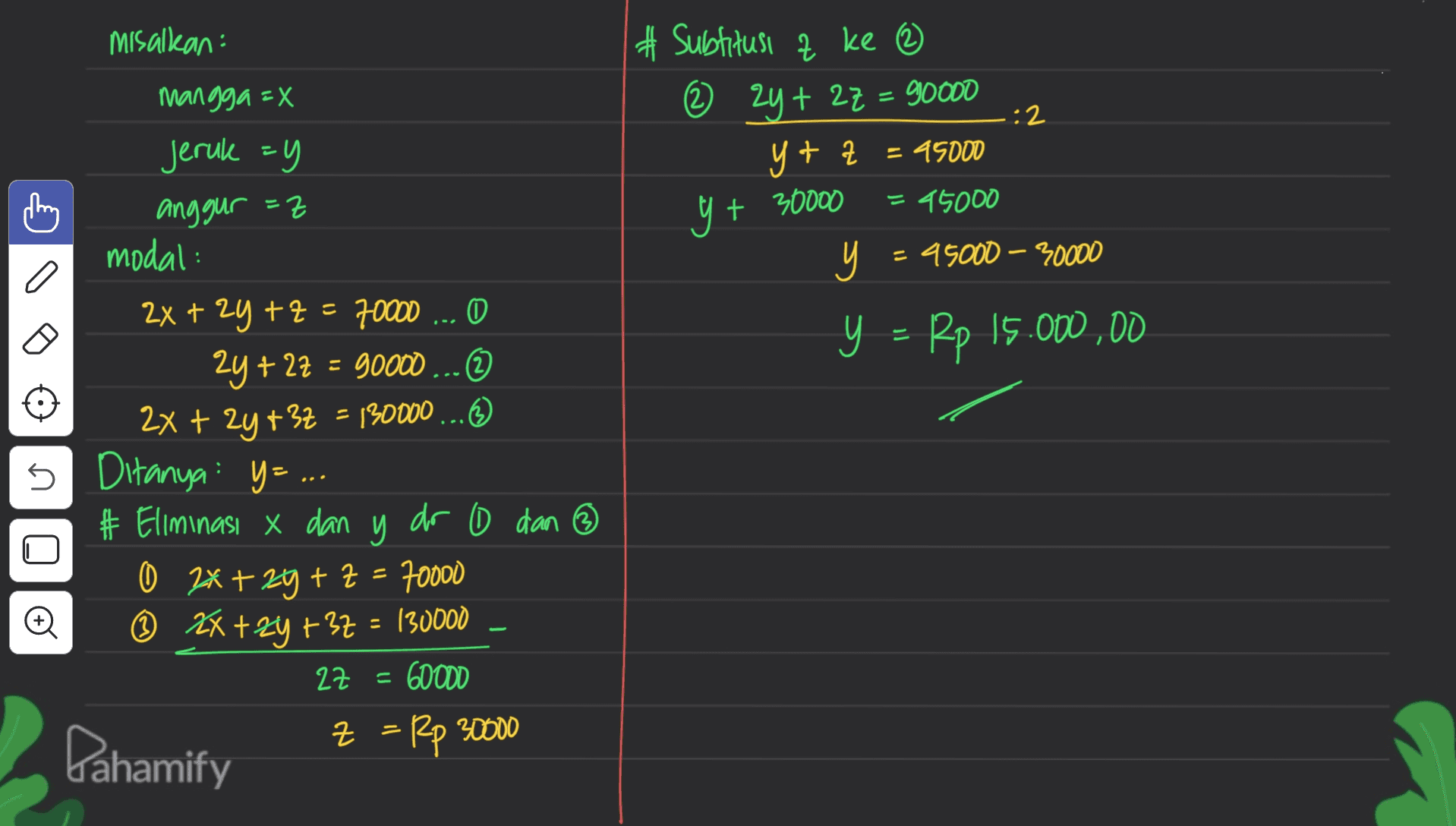 misalkan : mangga =X :2 # Subtitusi q ke 2 © 2y + 27 = 90000 2Z ytz y + z = 45000 yt 45000 у = 45000 - 30000 y + 30000 = y = Rp 15.000,00 = Jeruk =y anggur == modal: 2x + 2y+z=70000 ... 0 2y + 27 = 90000 ... © 2x + 2y +32 = 130000...O Ditanya: y=... # Ellminasi X dan y do 0 dan ③ 0 2x + 2y +Z 70000 9 x +29 : 30000 22 = 60000 n = = Z 근 = Dahamify = Rp 30000 