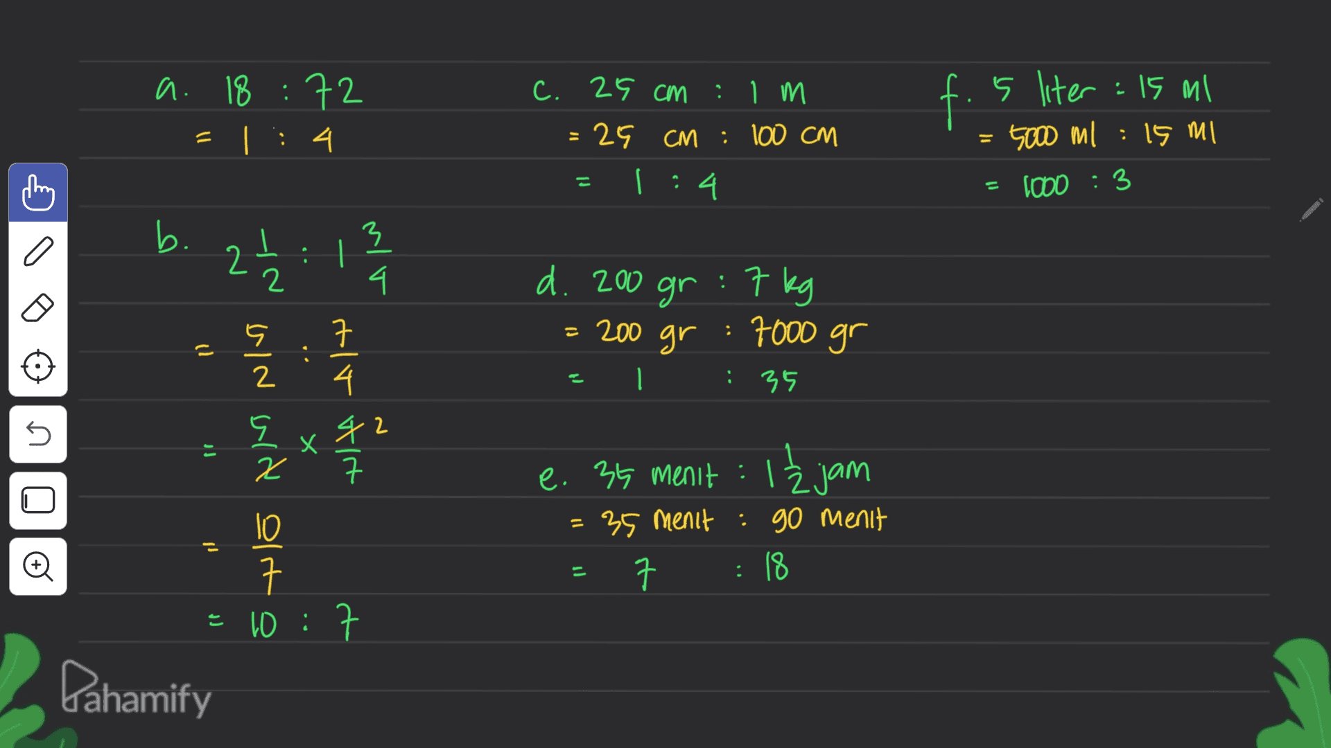 a. 18 : 72 = 1 : 4 f. 5 liter : 15 ml C. 25 cm : 1 m c 1 m :25 CM : 100 CM l : 4 = sam ml : 15 ml . 5000 = 1000 : 3 b. 3 4 d. 200 212: 12 / { : 1 gr : 7 kg ㅋ (2) 200 gr : 7000 gr - C 2 : 35 于14年7 n. S 2 X x 42 I 77 1 žjam e. 35 menit : 35 menit : 90 menit ㅋ : 18 = - 10 구 = 10:7 11 Pahamify 