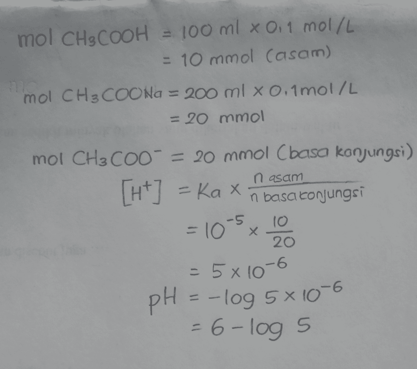 mol CH3COOH = 100 ml x 0. 1 mol/L = 10 mmol Casam) mol CH3COONa = 200 ml x 0,1 mol/L = 20 mmol mol CH3COO- = 20 mmol Cbasa konjungsi) [++] = Kax n basa konjungsi n asam -5 = 10 x 10 20 = 5 x 10-6 pH = -log 5 x 10-6 = 6-log 5 