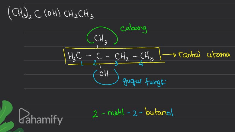 (CH3), C (OH) CH2 CH3 cabang _CH₂ |hc-.c - CH₂ - CH₂ Ц, С – 24 prantai atama ol gugus fungsi Pahamify 2-metil-2-butanol 