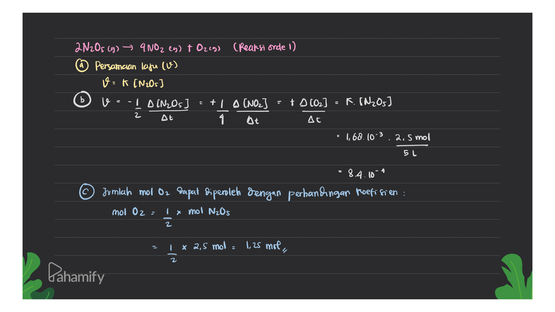2N2Os (g) → 4NO2 (g) + Ozeg) (Reaksi orde 1) O Persamaan lagu (u) v=k (N2Os] ve -| A(N2O) = +1 A (NO2) = 1 102] = K (N205) At 1 At At b 2 8 1,68.10-3 2,5 mol 5 L 4. * 8.4.10^^ Jumlah mol O2 dapat diperoleh dengan perbandingan koefisien : mol Oz 1 x mol N2O5 - 2 - 1 x 2,5 mol = 1,25 mol 2 Pahamify 