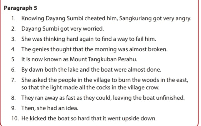 Paragraph 5 1. Knowing Dayang Sumbi cheated him, Sangkuriang got very angry. 2. Dayang Sumbi got very worried. 3. She was thinking hard again to find a way to fail him. 4. The genies thought that the morning was almost broken. 5. It is now known as Mount Tangkuban Perahu. 6. By dawn both the lake and the boat were almost done. 7. She asked the people in the village to burn the woods in the east, so that the light made all the cocks in the village crow. 8. They ran away as fast as they could, leaving the boat unfinished. 9. Then, she had an idea. 10. He kicked the boat so hard that it went upside down. 