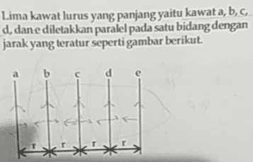 Lima kawat lurus yang panjang yaitu kawat a, b,c, d, dane diletakkan paralel pada satu bidang dengan jarak yang teratur seperti gambar berikut b С 