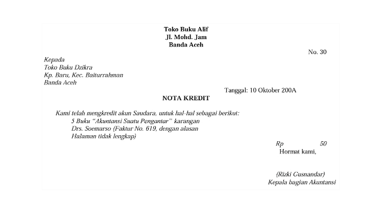 Toko Buku Alif Jl. Mohd. Jam Banda Aceh No. 30 Kepada Toko Buku Dzikra Kp. Baru, Kec. Baiturrahman Banda Aceh Tanggal: 10 Oktober 200A NOTA KREDIT Kami telah mengkredit akun Saudara, untuk hal-hal sebagai berikut: 5 Buku "Akuntansi Suatu Pengantar" karangan Drs. Soemarso (Faktur No. 619, dengan alasan Halaman tidak lengkap) Rp 50 Hormat kami, (Rizki Gusnandar) Kepala bagian Akuntansi 
Nama Akun: Piutang Dagang Nomor Akun: 113 Tanggal Keterangan Ref Debit Kredit Saldo Debit Kredit 200A Okt 1 Saldo 10 5.285 5.235 JU 18 50 28 JU 18 40 5.195 
Nama Akun: Penjualan Retur dan Pengurangan Harga Nomor Akun: 411 Saldo Debit Kredit Tanggal Keterangan Ref Debit Kredit 200A Okt ✓ 1 Saldo 10 28 2.365 2.415 JU 18 50 JU 18 40 2.455 
Tanggal Nomor Bukti Keterangan Ref Debit Kredit 200A Okt 10 30 50 50 Penjualan retur dan pengurangan harga Piutang dagang - TB Dzikra Penjualan retur dan pengurangan harga Piutang dagang - TB Hikmah 411 113/ 411 113/ 28 31 40 40 