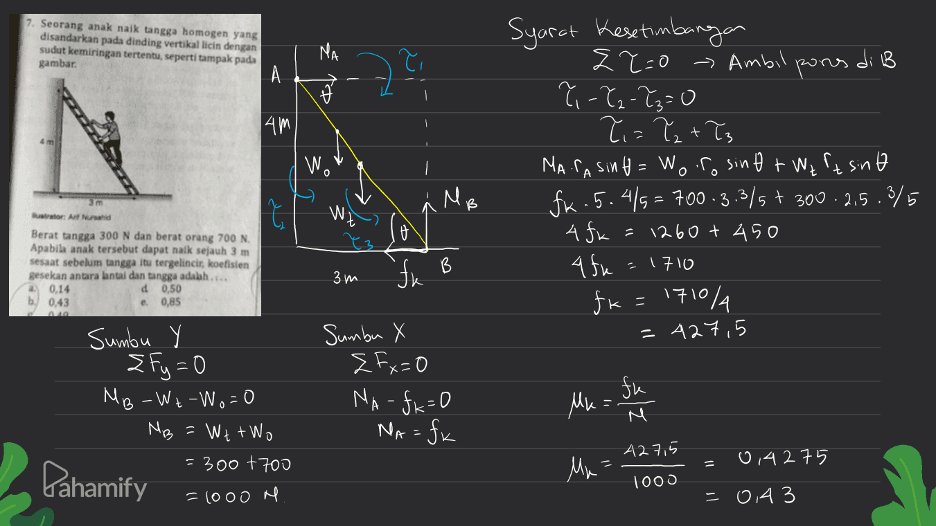 7. Seorang anak naik tangga homogen yang disandarkan pada dinding vertikal licin dengan sudut kemiringan tertentu, seperti tampak pada gambar NA رد z A 14m N W. Syarat Kesetimbangan {r=0 Ambil pones di B ?-?2-73=0 ?i=? +Ts Mara sing = Woro sinh + Wz it sino fk .5.4/5=700.3.3/5+ 300 2.5.3/5 4 fk = 1260 + 450 1710 fk = 1710/A А 5 w ☆ 3 m Bustrator: Artur Berat tangga 300 N dan berat orang 700 N. Apabila anak tersebut dapat naik sejauh 3 m sesaat sebelum tangga itu tergelincir, koefisien gesekan antara lantai dan tangga adalah .... a. 0,14 d 0,50 b. 0.43 e 0,85 B 'fx qfu 3m = 427,5 Sumbu X E Fx=0 - х Sumbu Y 2 fy=0 MB - Wz-Wo=0 MB = Wt+Wo =300+700 NA - fx=0 NA = fk My fu M 427,5 014275 Pahamify 1000 =1000 M = 0,43 