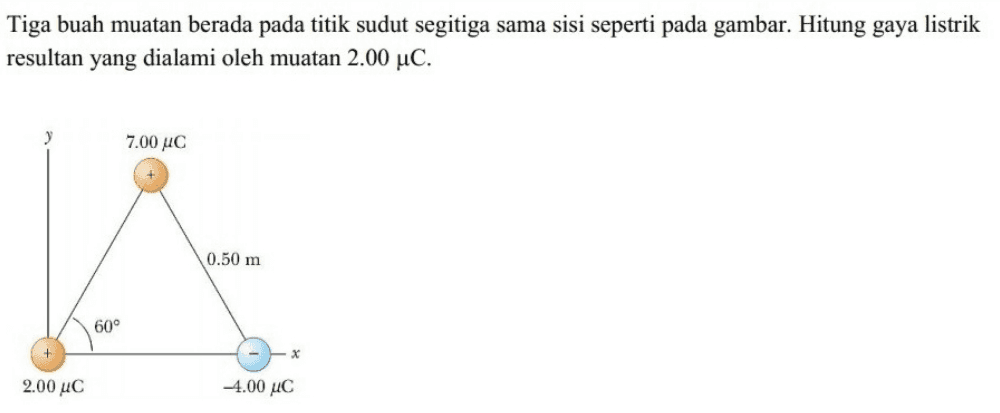 Tiga buah muatan berada pada titik sudut segitiga sama sisi seperti pada gambar. Hitung gaya listrik resultan yang dialami oleh muatan 2.00 uC. 7.00 uc 0.50 m 60° x 2.00 μC -4.00 UC С 