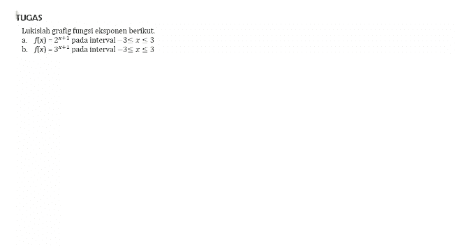 TUGAS Lukislah grafig fungsi eksponen berikut. a. f(x) - 2x+1 pada interval -35 X <3 b. ſx) = 3*+1 pada interval -35x<3 
