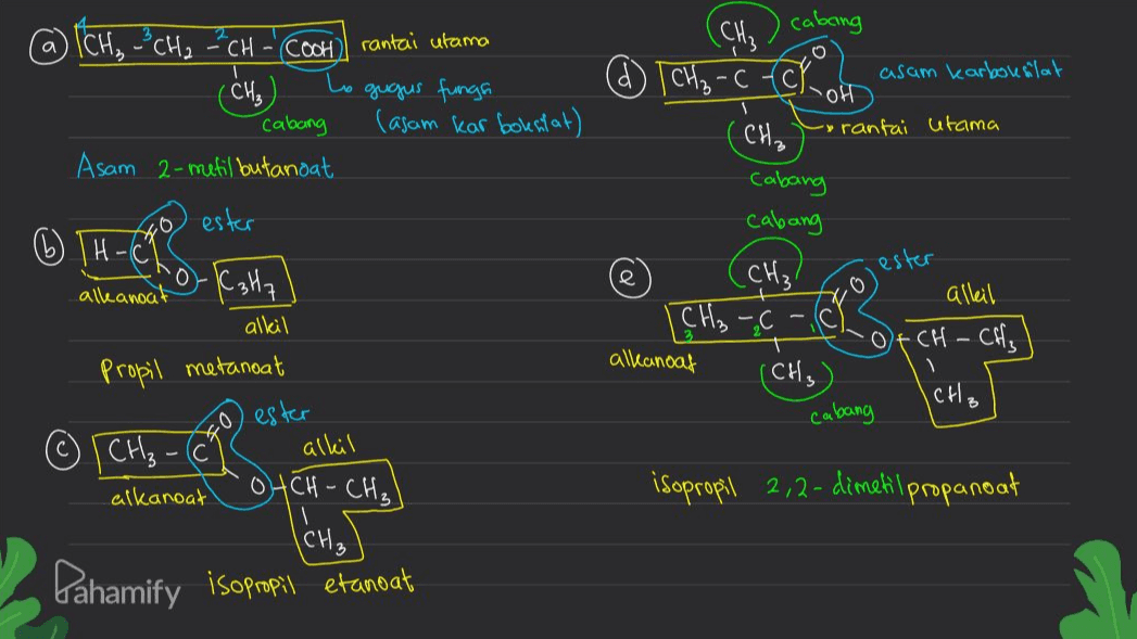 (CH₂ COOH rantai utama & CH₂ @) ICH, ²CH₂ - CH (CH3) cabang Asam 2-metil butanoat ester gugus funga (asam karboksilat) 6 TH-E Katha cabing ch asam karboksilat of си, rantai utama cabang cabang (CH₃ alleil •CH – CH₃ I ICHz ester -K3H7 e alkanoat alkil [CH₃ C - 19 alkanoay (CH₃) cabang © ICH C9 alkil Propil metanoat ester - ( alkanoat (CH₂) Pahamify isopropil etanoat OTCH-CH₂) isopropil 2,2-dimetil propanoat 