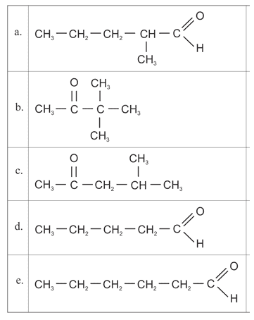 . a. CH, -CH2 - CH, — CH-C 1 CH, H I OCH, ILI b. CH-C-C-CH, I CH, c. O CH, 1 CH, - C-CH2 – CH –CH, =0 . d. CH-CH2 - CH2 - CH2 - C , – H H e e. CH3 - CH2 - CH2 - CH2 - CH2 - C H 