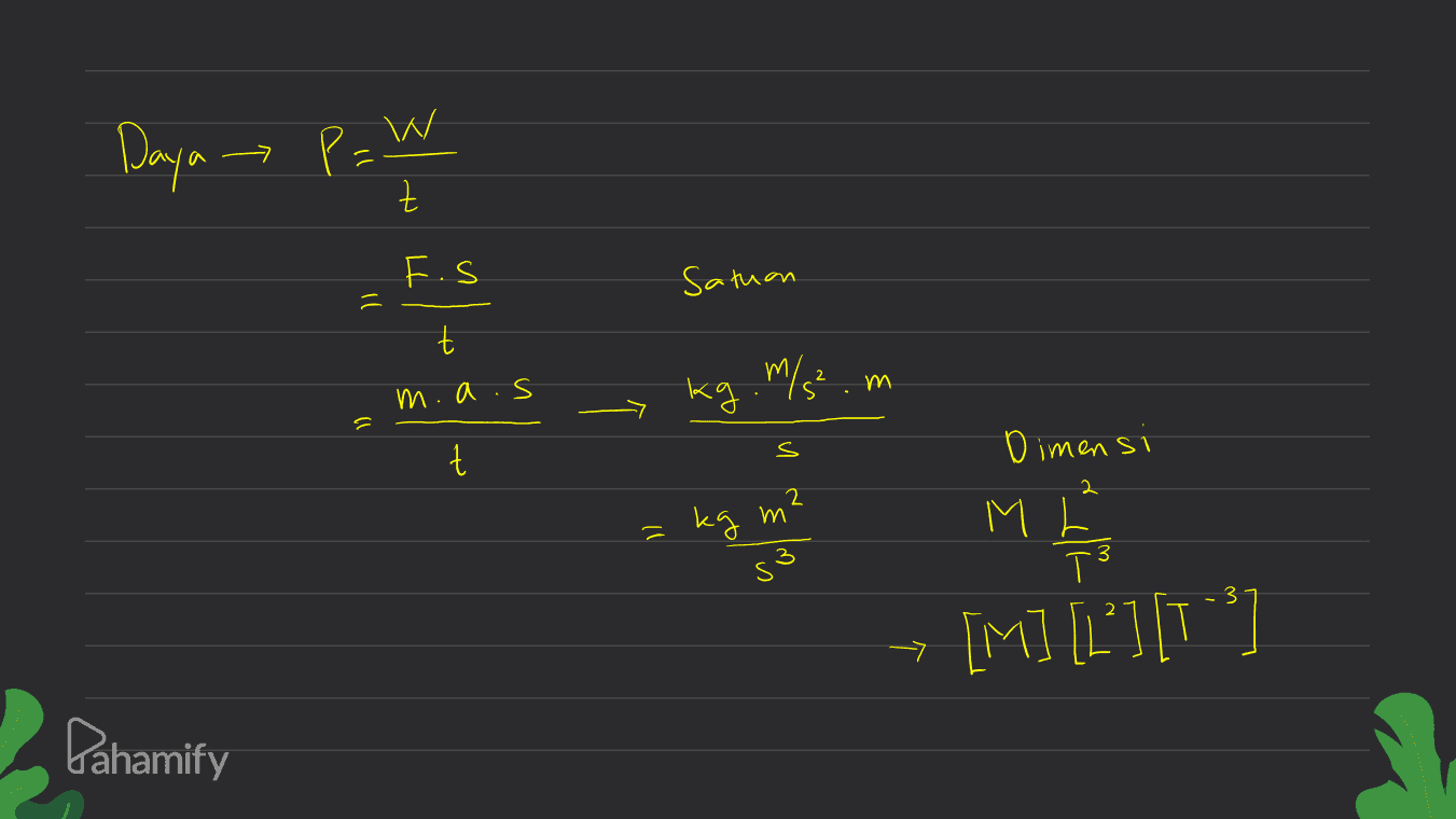 Daya P=W Z F.S Satuan 1) t t kg. M/ ms² m.a.s a z s Dimensi 2 = kg m? ME 속 [M] [L"] [] 수 Pahamify 