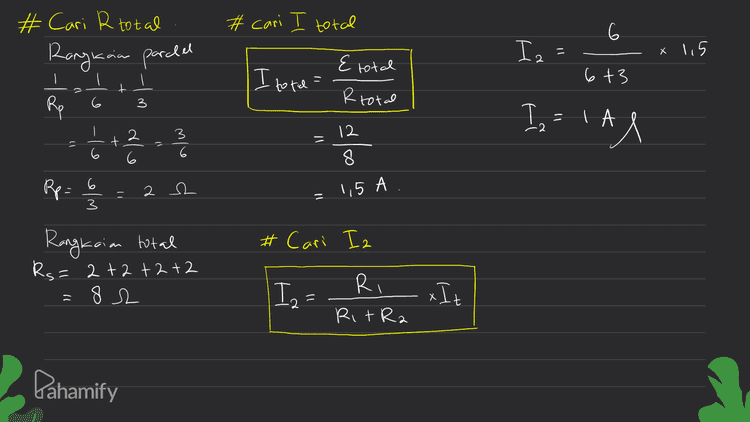 #cari I total 6 # Cari R total Rangkaian paralel I- x 15 Ć I total = Etotal R total 6t3 t Rp 3 I= 1 Al 3 11 ق ) - t dle 12 8 6 Rp : - elm 2 Se - 1,5 # Cari Iz Rangkaian total Rs=2+2+2+2 8 2 I2 = = Ri Ritra xIt Pahamify 
4. Dua buah muatan masing-masing 20 Cdan 40 nC seperti pada gambar. Jika jarak muatan A dan B 60 m, maka besarnya gaya coulomb di titik C yang memiliki muatan 20 uCadalah.... A. 4,5 x 10-6N 2010 Fo F B. 4,5 x 10-7N C. 4,5 x 10-8 N A B D. 4,5 x 10-9N 2x E. 4,5 x 10-10 N 200C 400C х AB = 3 X 60 = 3X x = 60/3 X = 20m karena FB ke kiri, Fe = FA - FB maka negatif 5 -k 93 9c 22 re =kac ( qA 9B =k 9.9 2 c Gaya Coulumb Ek 9.9 r2 2 2 ton = 20nC 20 202 40² 180 (0,05 x109 -0,025 x 100) 4,5 x 10 9 M C Pahamify = = 