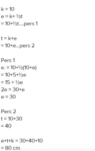 k = 10 e =k+ 12t = 10+/2t....pers 1 t=k+e = 10+e...pers 2 Pers 1 e. = 10+1/3(10+e) = 10+5+Y/2e = 15 + 12e 2e = 30+ e = 30 Pers 2 t = 10+30 = 40 e+t+k = 30+40+10 = 80 cm 