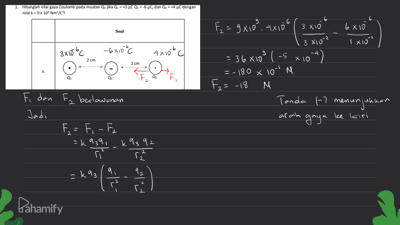 1. Hitunglah nilai gaya Coulomb pada muatan a jika Q. = +3 HC Q2 =-6 HC, dan Q = +4 uC dengan nilai k = 9 x 10 Nm/C?! F = 9X10" 4x10G ( 3x10 % 3 6xi Soal -2 3 XIÓ Ixio? 38106c -6x10°C Axvod 2 cm X10 1 cm Q Qa = 36x103 1-5 -4) 10-1 M F2=-18 Tanda t? menunjukuan gaya =-180 x 10 M Fi dan Fa berlawanan Jadi arah lee Iciri 2 F2 = F,-Fe -k 939, k 9392 ria 2. & - kaz nos lo 12 ra Pahamify 