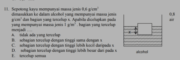 0,8 air .. 11. Sepotong kayu mempunyai massa jenis 0,6 g/cm dimasukkan ke dalam alcohol yang mempunyai massa jenis g/cm dan bagian yang tercelup x. Apabila dicelupkan pada yang mempunyai massa jenis 1 g/m'. bagian yang tercelup menjadi A. tidak ada yang tercelup B. sebagian tercelup dengan tinggi sama dengan x C. sebagian tercelup dengan tinggi lebih kecil daripada x D. sebagian tercelup dengan tinggi lebih besar dari pada x E tercelup semua alcohol 