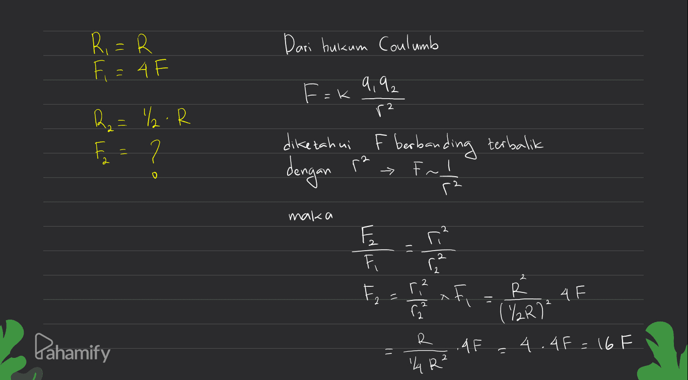 Ri=R Dari hukum Conlumb F, = 4 9,9 F=k r? 2 R₂ = %. R F = ? diketahui F berbanding terbalik > dengan pa O Fnl r2 maka دامدا = Ela 2 ut E afi Ella 4 2 = (%R7² 4 .45-16 Pahamify A = 4R² 
