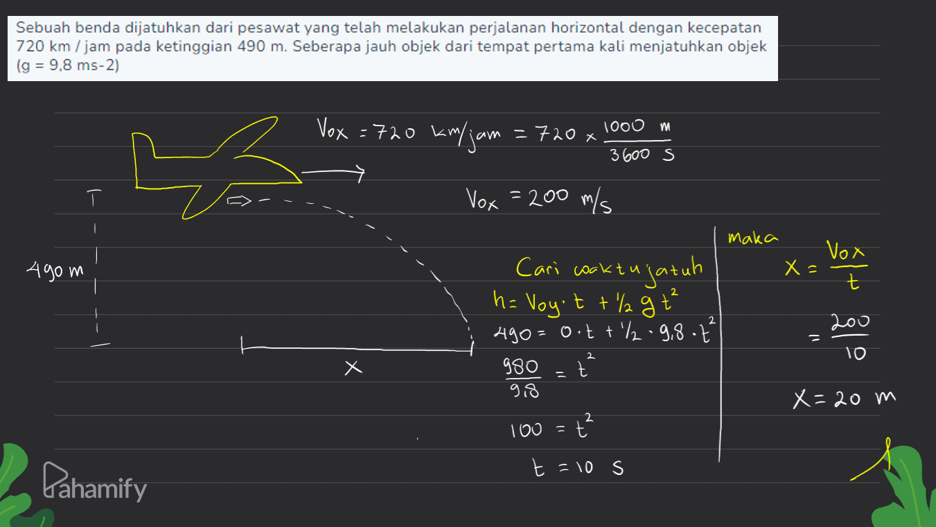 Sebuah benda dijatuhkan dari pesawat yang telah melakukan perjalanan horizontal dengan kecepatan 720 km / jam pada ketinggian 490 m. Seberapa jauh objek dari tempat pertama kali menjatuhkan objek lg = 9,8 ms-2) 1000 m Vox = 720 km/jam =720 x 3600 s 3 T Vox=200 m/s maka Vox 490m x = t 2 Cari waktu jatuh h= Voy't + lagt 490= 0.t +2 -9,8 t 980 ť 2 200 o 2 Х 9,8 X=20m 2 100 = t =10s Pahamify 