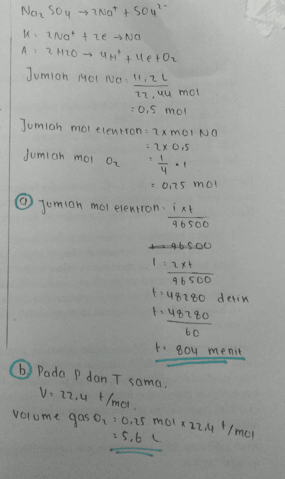 No soy ?Na+ + sou² → 2 K: Nat the Na A: - A 2H2O → Unt tuetO₂ Jumion 1401 Na : 11,21 22. uu mol : 0,5 mol Jumlah mol elektron: 2x moiNa - 2x ois Jumlah mol O₂ ū = 0.25 mol @ Jumian mol electron ixt 9650o 965oo 1:24+ 9650o t: 48280 detik tiu8280 60 t 804 menit b. Pada P dan T sama, b V: 22,4 t/mol volume gas 0,25 mol x 22,4 t/mol :5,6 l 2 