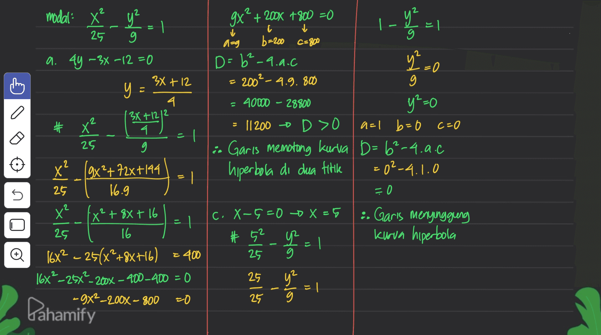modal: ² y² X 25 9 - 1 E a=g 2 9x + 2K +900 =0 [ 늬 5-200 C-800 D = b 4.4.0 -0 - 2002- 4.9.800 = 40000 - 28800 99-0 ||200 D70 a=1 b=0 C-0 in Garis memotong kurva D=6²-4.a. hiperbola di dua titike =0²-4.1.0 - 0 SN) 3) ) S 4. 49 - x -12 =0 X + 12 9 4. * * # x XtI212 9 el 25 9 x 19x+22x+144 - 1 25 09 x" X 4 + 9x + 6 = 1 - 29 (6 (6x- - 2(x +8xfI6) E4D Ix2x2DN -400_4D = 0 c 45 น . - C, X-9=0 -) X 29 # 5 ะ | 25 : Garis menyinggung kurva hiperbola 뽕 (+) ราง) ง) 25 y² - 봉 1) =0x 200X-800 0 25 Pahamify 