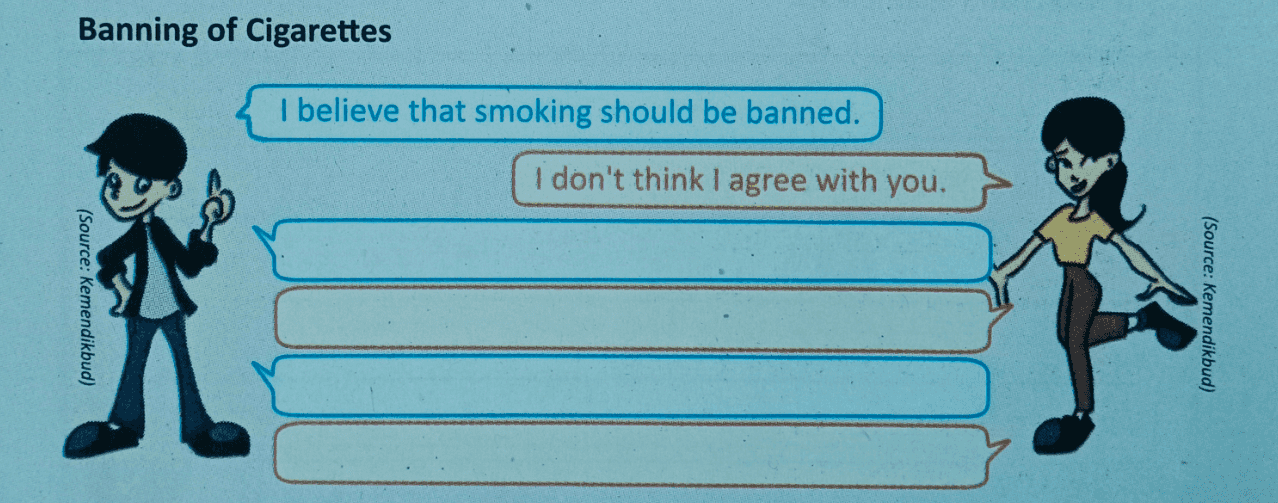 Banning of Cigarettes I believe that smoking should be banned. I don't think I agree with you. (Source: Kemendikbud) (Source: Kemendikbud) 