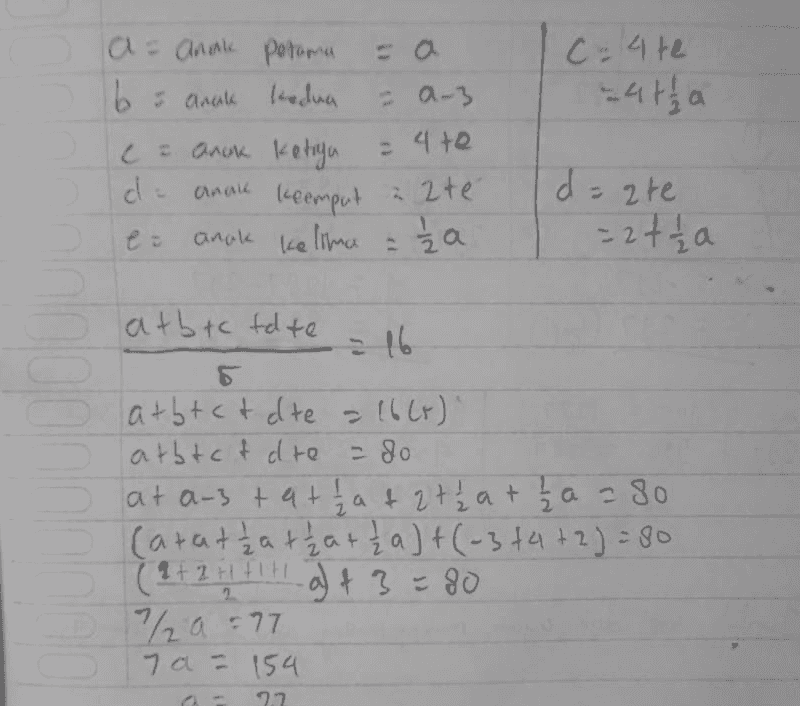 c=4te 24th a a = anak pertama 16 anak kedua - a-3 с (= anak ketrga 4 da anau ( keempat e = anak kelima : ta 22te d- =2 tta atbtc toote atbtctdte = 16 (r). atbtc f d te - do at a-3 tatt ha tatt at 1a = 80 (Catatata + {a)+(-3+4+2) = 80 (? + 2 +1 +11 g) + 3 = 80 ½a=77 7 a = 154 2.2. 