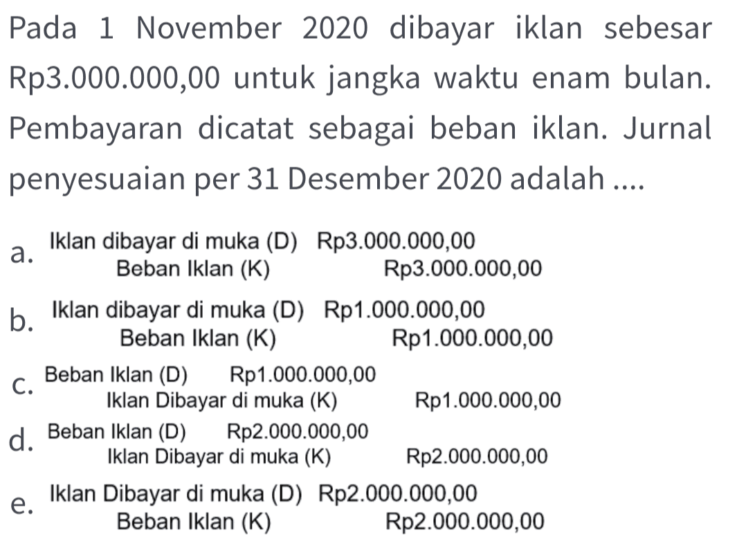 Pada 1 November 2020 dibayar iklan sebesar Rp3.000.000,00 untuk jangka waktu enam bulan. Pembayaran dicatat sebagai beban iklan. Jurnal penyesuaian per 31 Desember 2020 adalah .... Iklan dibayar di muka (D) Rp3.000.000,00 a. Beban Iklan (K) Rp3.000.000,00 b. Iklan dibayar di muka (D) Rp1.000.000,00 Beban Iklan (K) Rp1.000.000,00 C. Beban Iklan (D) Rp1.000.000,00 Iklan Dibayar di muka (K) Rp1.000.000,00 d. Beban Iklan (D) Rp2.000.000,00 Iklan Dibayar di muka (K) Rp2.000.000,00 e. Iklan Dibayar di muka (D) Rp2.000.000,00 Beban Iklan (K) Rp2.000.000,00 