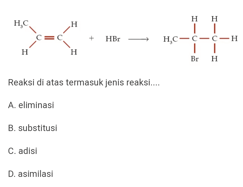 HC H C=C + HBr H H Il HC-C-C-H | Br H H H Reaksi di atas termasuk jenis reaksi.... A. eliminasi B. substitusi C. adisi D. asimilasi 