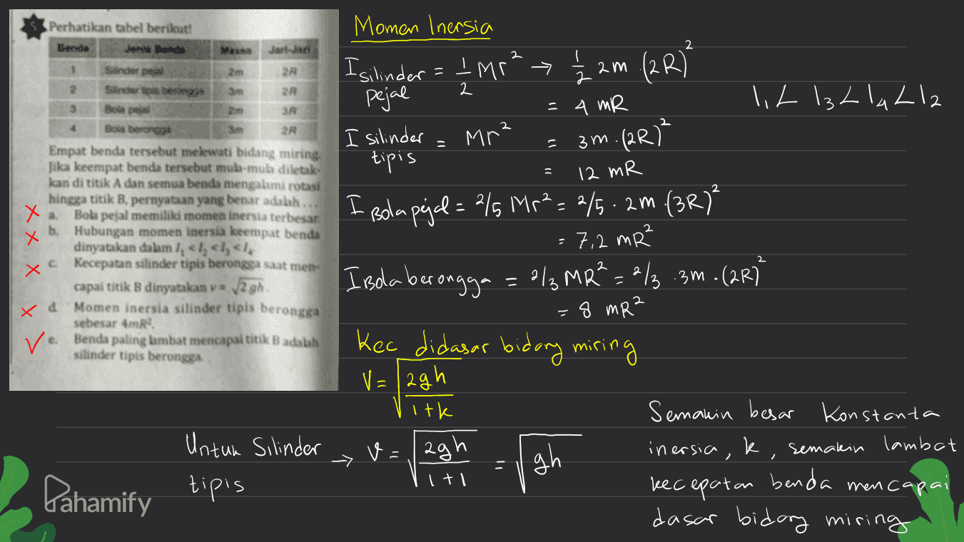 Perhatikan tabel berikut! Berta 2 Massa Jarleti 2 am Il 3m. (PR) Momen Inersia I silinder = Imre > £2m (2R)? ) pejal = 4 mR lih 13 Lla Lla I silinder Mr² tipis I Bola pejal = 2% Mr2 = 2/5.2m (3R7² 7,2 mR² I Bola berongga = 2/3 MR²=2 / .3m . (2R) -8 mR² 12 MR X Sinder pel 2R 2 Sindros bens 3m 2R 2 3 Bip SR Bois berongga 2R Empat benda tersebut melewati bidang miring, Jika keempat benda tersebut muh-mub diletak kan di titik A dan semua benda mengalami rotasi hingga titik B, pernyataan yang benar adalah ... Xa Bola pejal memiliki momen inersia terbesar b. Hubungan momen inersia keempat benda dinyatakan dalam I, <l<l </ x Kecepatan silinder tipis berongga saat men capai titik B dinyatakan 2gh xd Momen inersia silinder tipis berongga sebesar 4mR v Benda paling lambat mencapai titik B adalah silinder tipis berongga. V= /2gh Itk Va agh - It! 2 kec didasar bidary miring Untuk Silinder tipis gh Pahamify Semakin besar Konstanta inersia, k semakin lambat kec epatan benda mencapai dasar bidary miring 