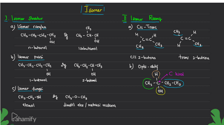 | I somer! ]. I somer Struktur a) Isomer rangka CH₃ -CH₂-CH2 - CH₂ II Isomer Ruang a) Cis-Trans H ,H CH3 H CH₃ CH3 - CH-CH OH Isobutanol OH CH₃ и CH₃ CH₃ n-butanol cis a-butena trans a-butena b) Isomer posisi CH₃-CH2 - CH₂ - CH2 b) Optis - aktif 1 dg CH₂ - CH₂ - CH-CH₃ OH a-butanol H kiral OH 1-butanol (CH₃ -C- CH₂ - CH3 c) Isomer funge OH CH₃-CH₂-OH CH₂-O-CH₃ dimetil eter / metoks' metana etanol Pahamify 
R(n = 1) R' (n=4) senyawa 1,2,3, dan 4 adalah isomer rantai CH3-O CH2 - CH2 - CH2 - CH3 Senyawa 3 CH2-CH-CH: 1 CH + C kiral /asimetris C*- CH₂ - CH3 CH₃ 3 -CH-CH2 - CH3 1 CH3 CH3 1 CH3 -- CH (1) 1 CH3 senyawa 3 bersifat optis- aletif 14 Tidak ada isomer posisi, isomer gugus fungsi Pahamify 