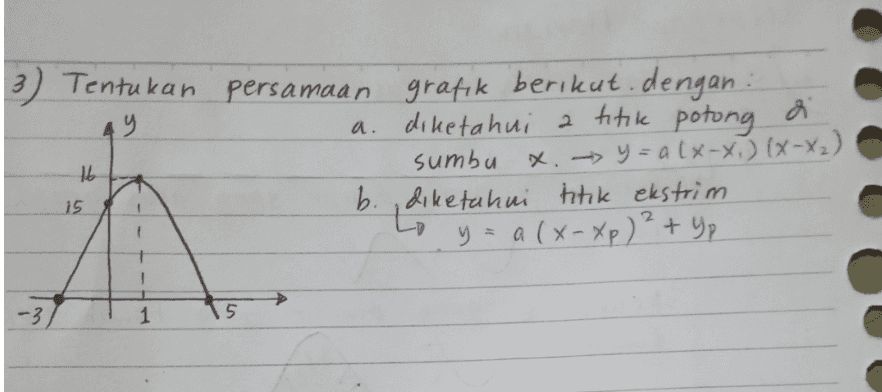 3) Tentukan persamaan grafik berikut.dengan: y . a a. diketahui a titik potong di sumbu x, y = a (x-x,) (X-X2) X. -> xxx b., diketahui titik ekstrim y = a (x-xp)? + yp 16 15 L -3 1 5. 