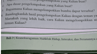 pokan yang kalian buat? Apa dasar pengelompokan yang kalian buat? Bagaimana kalian mengelompokkan bumbu dapur tersebut? Bandingkanlah hasil pengelompokan kalian dengan teman ya yang lebih baik, cara kalian mengelompokkan at Manakah teman kalian? Bab 7 Keanekaragaman Mahkluk Hidup. Interaksi, dan Peranannya 