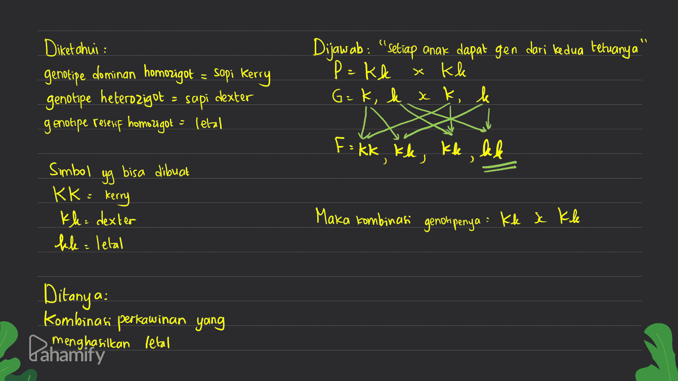 Diketahui : genotipe dominan homozigot = sapi Kerry genotipe heterozigot - sapi dexter genotipe resent homozigot : Tebal Dijawab : “Setiap anak dapat gen dari kedua tetuanya' P = kk G=k, k k k k x kle ) F: kk kk, kk, kk ) ) Simbol yg bisa dibuat KK = Kerry Maka kombinasi genot penya : Kk x kele : kk: dexter kle= letal Ditanya: Kombinasi perkawinan yang menghasilkan letal Daimanality 