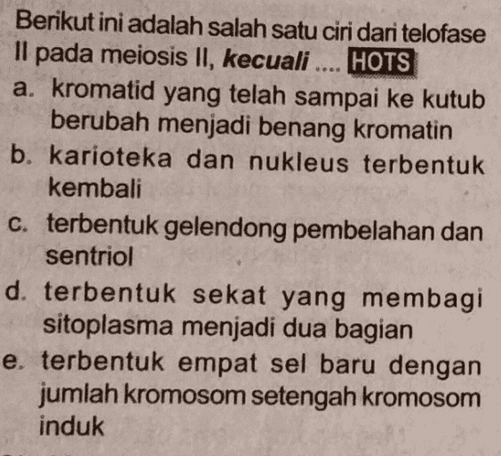 Berikut ini adalah salah satu ciri dari telofase Il pada meiosis II, kecuali .... HOTS a. kromatid yang telah sampai ke kutub berubah menjadi benang kromatin b. karioteka dan nukleus terbentuk kembali c. terbentuk gelendong pembelahan dan sentriol d. terbentuk sekat yang membagi sitoplasma menjadi dua bagian e. terbentuk empat sel baru dengan jumlah kromosom setengah kromosom induk 