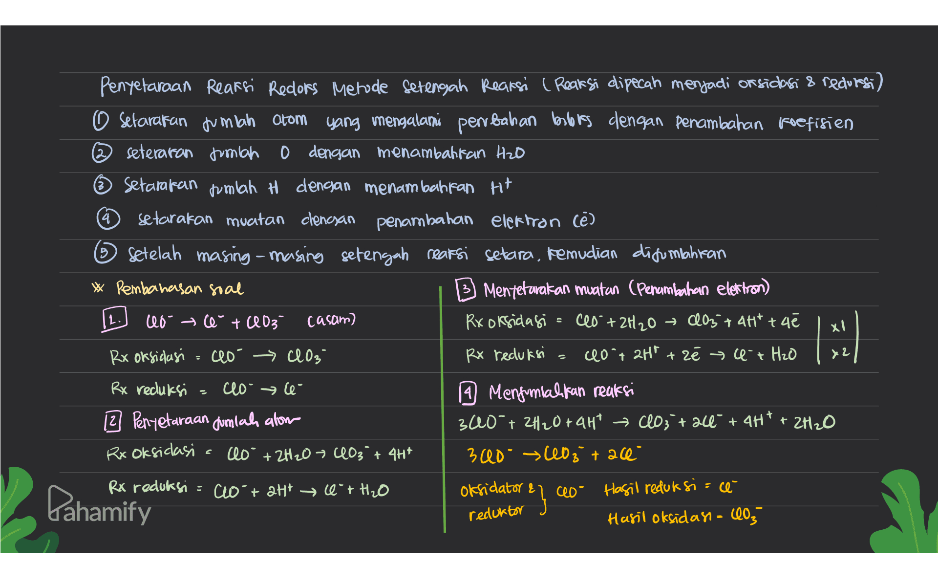 Penyelaraan Reaksi Reclors Metode Setengah Reaksi ( Reaksi dipecah menjadi or sidasi & reduksi) O Setarafan jumlah atom yang mengalami perbahan books dengan penambahan poefisien seteraran jumlah 0 dengan menambahkan Hzo ~ Setarakan tumlah H dengan menambahkan H+ setarakan muatan clenayan penambahan elektron (e) 6 Setelah masing-masing setengah reaksi setara, kemudian disumbahkan * Pembahasan soal 3) Mentetarakan muatan (Penambahan elettron) cao-ce +003 casam) Rx oksidasi = 600 + 2H₂O 403 + 4H² + 4e Rx oksidasi clo ClO₃ Rx reduksi 40+ 2H + zé ce + H2O 4 xl 2 : Rx eduksi clo- le- 12 Penyetaraan Jumials alon 40° + 2H2O 403 + 4H* 19 Menjumlahkan reaksi 340 + 2H2O+GHT CO3 + all + 4H+ + 2H2O 300-403 + ace" Rx oksidasi Rx reduksi = cort att e + H2O Pahamify Oksidator reduktor e} ceo Hasil reduksi=cê Hasil oksidasi= 40₃ 