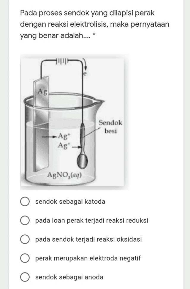 Pada proses sendok yang dilapisi perak dengan reaksi elektrolisis, maka pernyataan yang benar adalah.... * Ag Sendok besi -Ag Ag! AgNO,(aq) sendok sebagai katoda pada loan perak terjadi reaksi reduksi pada sendok terjadi reaksi oksidasi perak merupakan elektroda negatif sendok sebagai anoda 