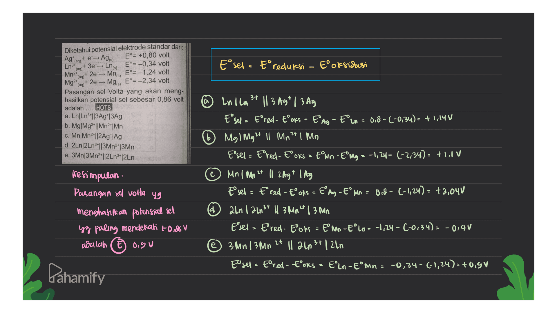 Ag (aq) + e-> Ag(s) Esel e Ereduksi - Eºoksidusi Ln3+ Mn2+ (aq) Diketahui potensial elektrode standar dari: E°= +0,80 volt + 3e → Ins) E°= -0,34 volt (aq) + 2e-→ Mns, E°= -1,24 volt Mg2+(aq) + 2e → Mgs E°= -2,34 volt Pasangan sel Volta yang akan meng- hasilkan potensial sel sebesar 0,86 volt adalah HOTS a. Ln/Ln3*||3Ag*|3Ag b. Mg|Mg2+||Mn2Mn c. Mn|Mn2+||2Ag+|Ag d. 2Ln/2Ln3+||3Mn2+|3Mn e. 3Mn|3Mn2*||2Ln3*|2Ln a Resimpulan : @ Inich 3+ 113 Ag" | 3 Ag Eyel = Ered - Eºoks - EAD - Ein = 0.8 - (-0,34)= +1,14V (6 Mg Mg2+ Il Mn2+ 1 Mn Eºsel - Eºred - E°OKS z EºMn - EºMg = -1,24- (-2,34) = till v Mn | Mp 24 ll 2Ag* lAg Eºsel = tored - Eºoks = €°AsEºMn = 0.8 - (-1,247 - +2,040 ld 2ln 12 lnst ll 3 Mn4 | 3 mn Esel - Ered - Eok = Emp-Eºun= -1,24 - (0.34)= -0,90 (€ 3 Mn 13 Mn 2t llaunet | 2ln Eusel - Eºred - Eºoks Eln-E°mn= -0,34-(-1,24)=+0,5 Pasangan sel volta yg menghasilkan potensial sel yg paling mendekati t-0,86 V adalah E O.So = Pahamify 