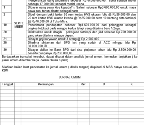 UUV.UU. motor 1 3 10 seharga 17.000.000 sebagai modal usaha. Dibayar uang sewa kios kepada Tn. Salimi sebesar Rp3.600.000,00 untuk masa sewa satu tahun dicatat sebagai harta Dibeli dengan bukti faktur 50 rem kertas HVS ukuran folio @ Rp30.000.00 dan 25 rem kertas HVS ukuran kwarto @ Rp25.000,00 serta 10 kantong tinta fotokopi SEPTE @ Rp 70.000,00 di Toko Mitra. MBER Penerimaan pendapatan sebesar Rp1.600.000,00 dari pelanggan sebagai ongkos fotokopi pada minggu kedua tetapi yang diterima baru 12nya. 20 Difakturkan untuk ditagih pekerjaan fotokopi dan jilid sebesar Rp 700.000,00 yang akan diterima minggu depan 21 Dibayar gaji karyawan untuk 3 orang @ Rp 2.500.000 25 Diterima pinjaman dari BPD kot yang sudah di ACC minggu lalu Rp 30.000.000,00 30 Dibayar cicilan ke Bank BPD dari sisa pinjaman tahun lalu Rp 2.500.000,00 Berdasarkan transaksi tersebut, dapat dicatat dalam analisis jurnal umum, kemudian lanjutkan (ke jurnal umum di lembar kerja dalam ribuan rupiah) Silahkan kalian buat pencatatan ke jurnal umum ( ditulis tangan) diuploud di MSS hanya sesuai jam KBM JURNAL UMUM Tanggal Keterangan Ref K D 