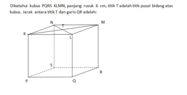 Diketahui kubus PQRS KLMN, panjang rusuk 6 cm, titik T adalah titik pusat bidang atas kubus. Jarak antara titik T dan garis QR adalah: N M 