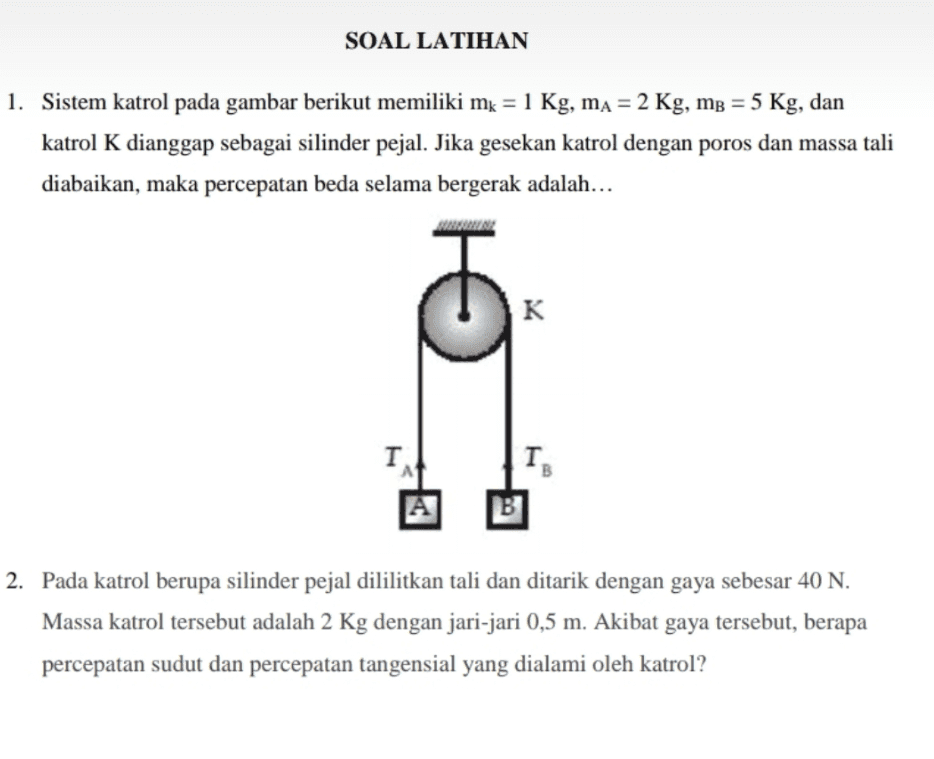 SOAL LATIHAN 1. Sistem katrol pada gambar berikut memiliki mk = 1 Kg, ma = 2 Kg, mp = 5 Kg, dan katrol K dianggap sebagai silinder pejal. Jika gesekan katrol dengan poros dan massa tali diabaikan, maka percepatan beda selama bergerak adalah... O K I T. A 2. Pada katrol berupa silinder pejal dililitkan tali dan ditarik dengan gaya sebesar 40 N. Massa katrol tersebut adalah 2 Kg dengan jari-jari 0,5 m. Akibat gaya tersebut, berapa percepatan sudut dan percepatan tangensial yang dialami oleh katrol? ? 