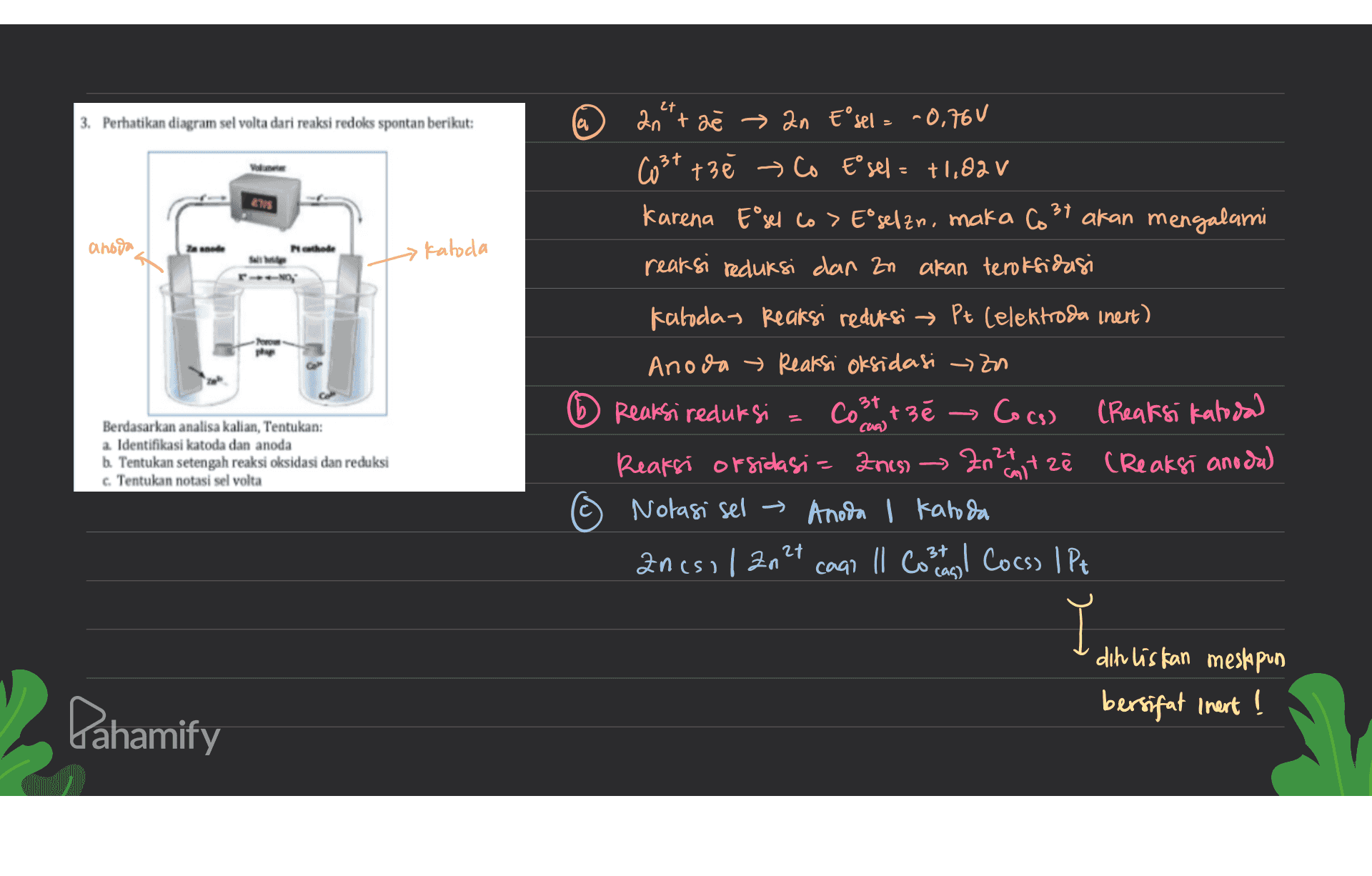 27 3. Perhatikan diagram sel volta dari reaksi redoks spontan berikut: a an tał » an E sel = -0,760 CS Costtzé Co E sel = +1,82v Karena E sel to> Eosedzn, maka Co 31 akan mengalami reaksi reduksi dan zn akan teroksidasi anoia Nethode - Katoda r.NO Kalodas Reaksi reduksi → Pt (elektroda inert) Anoda » Reaksi oksidasi - 0 t) Berdasarkan analisa kalian, Tentukan: a. Identifikasi katoda dan anoda b. Tentukan setengah reaksi oksidasi dan reduksi c. Tentukan notasi sel volta Reaksi reduksi Cost + 3ě → Cocs) → Cocos (Reaksi katoda) Reaksi oksidasi= Zness → Zn 21 mit zł (Reaksi anoda) Notasi sel → Anoda I kaboda anesil an 21 cago Il cost as I Corso IPt din listan meslapun bersifat inert ! Pahamify 