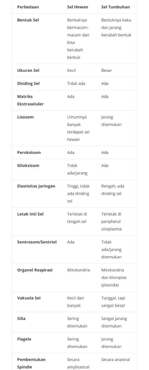 Berikut perbedaan yang paling menonjol antara sel hewan dan tumbuhan: Sel Hewan Sel Tumbuhan Tidak memiliki Memiliki dinding sel dinding sel Vakuola berukuran Vakuola berukuran besar kecil Memiliki sentriol Tidak memiliki sentriol Tidak memiliki Memiliki plastida (kloroplas, kromoplas, leukoplas) plastida 
Perbedaan Sel Hewan Sel Tumbuhan Bentuk Sel Bentuknya bermacam- macam dan Bentuknya kaku dan jarang berubah bentuk bisa berubah bentuk Ukuran Sel Kecil Besar Dinding Sel Tidak ada Ada Ada Ada Matriks Ekstraseluler Lisosom Jarang ditemukan Umumnya banyak terdapat sel hewan Peroksisom Ada Ada Glioksisom Tidak Ada ada/jarang Elastisitas Jaringan Tinggi, tidak ada dinding sel Rengah, ada dinding sel Letak Inti Sel Terletak di tengah sel Terletak di peripheral sitoplasma Sentrosom/Sentriol Ada Tidak ada/jarang ditemukan Organel Respirasi Mitokondria Mitokondria dan kloroplas (plastida) Vakuola Sel kecil dan Tunggal, tapi sangat besar banyak Silia Sering ditemukan Sangat jarang ditemukan Flagela Sering ditemukan Jarang ditemukan Pembentukan Secara Secara anastral Spindle amphiastral 